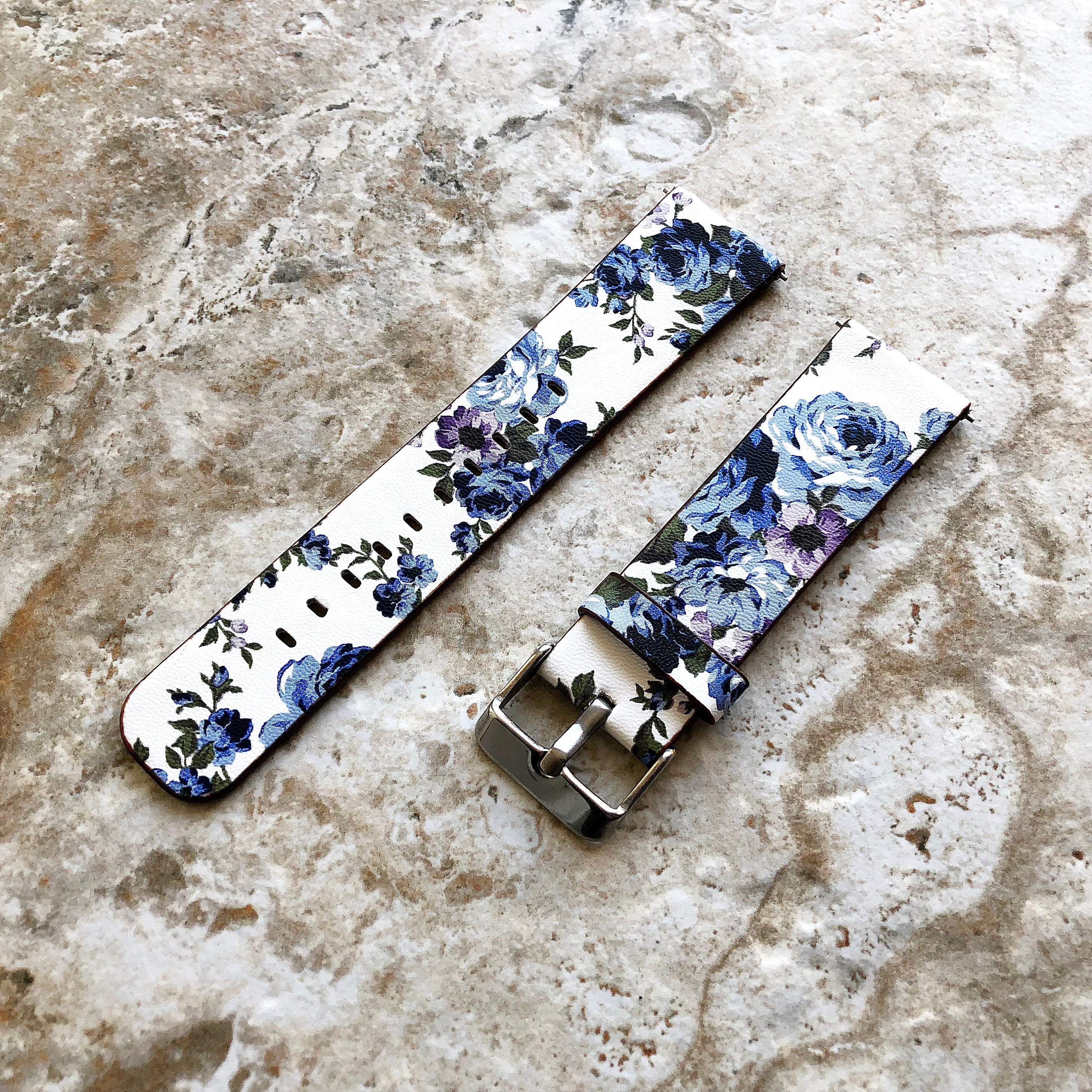 22mm Width Blue Floral FL-2 Soft Leather Watch Strap Band for Wrist Hand Watches - Quick Release Pins Included Easy and Ready to Attach